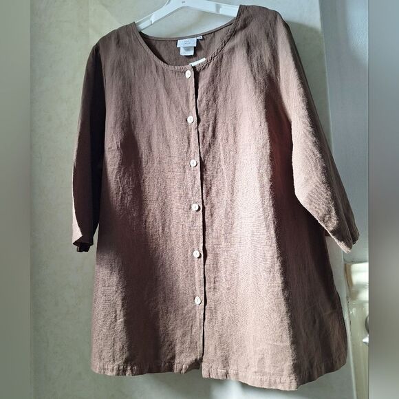 NWT Hot Cotton 1X Brown linen blend blouse top, tunic - Picture 1 of 5